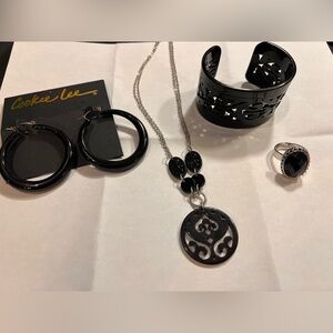 Cookie Lee- black set with necklace, bracelet, earrings, and ring.